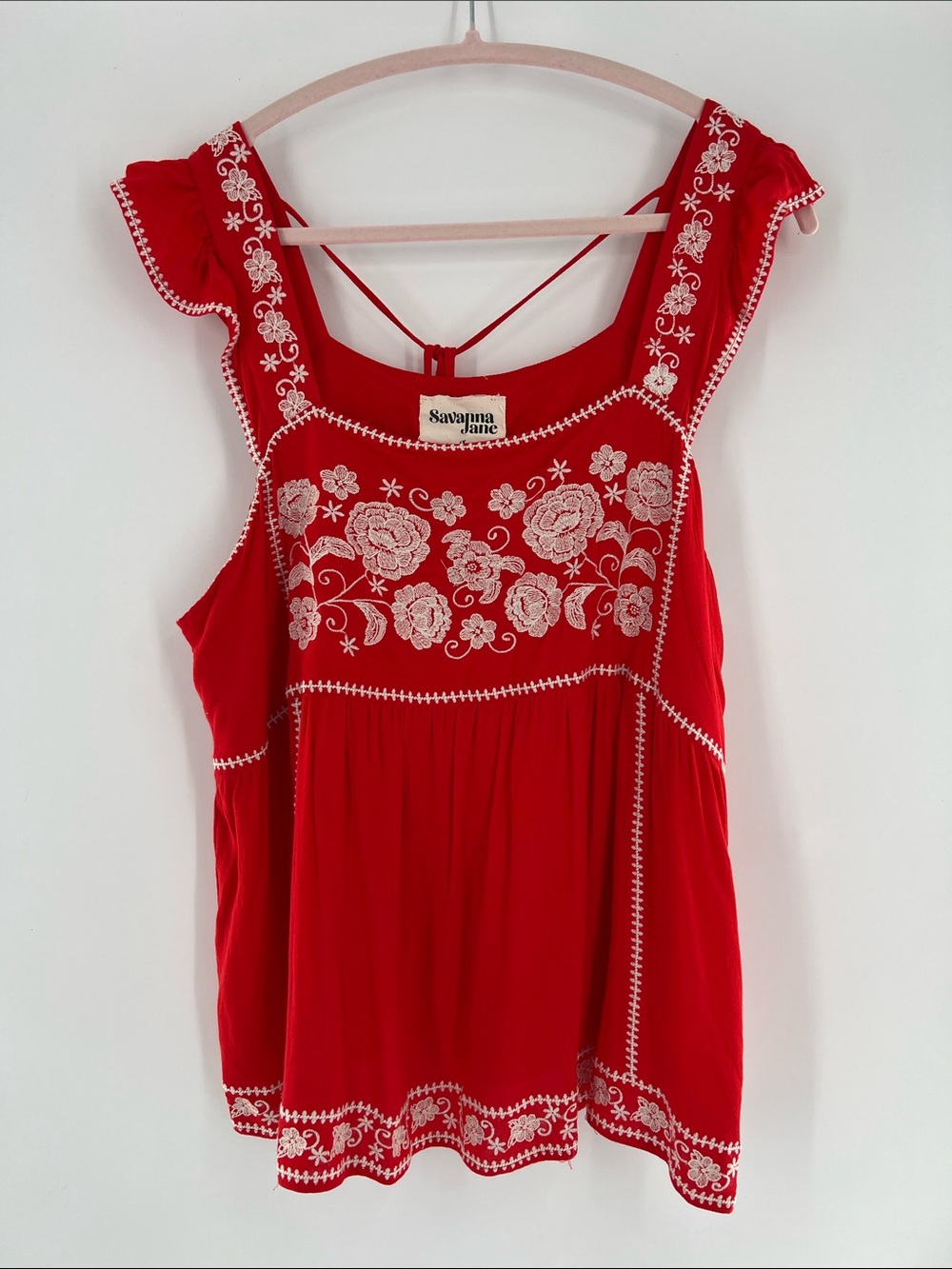 Savanna Jane Red Embroidered Ruffle Tank Top - Picture 2 of 7